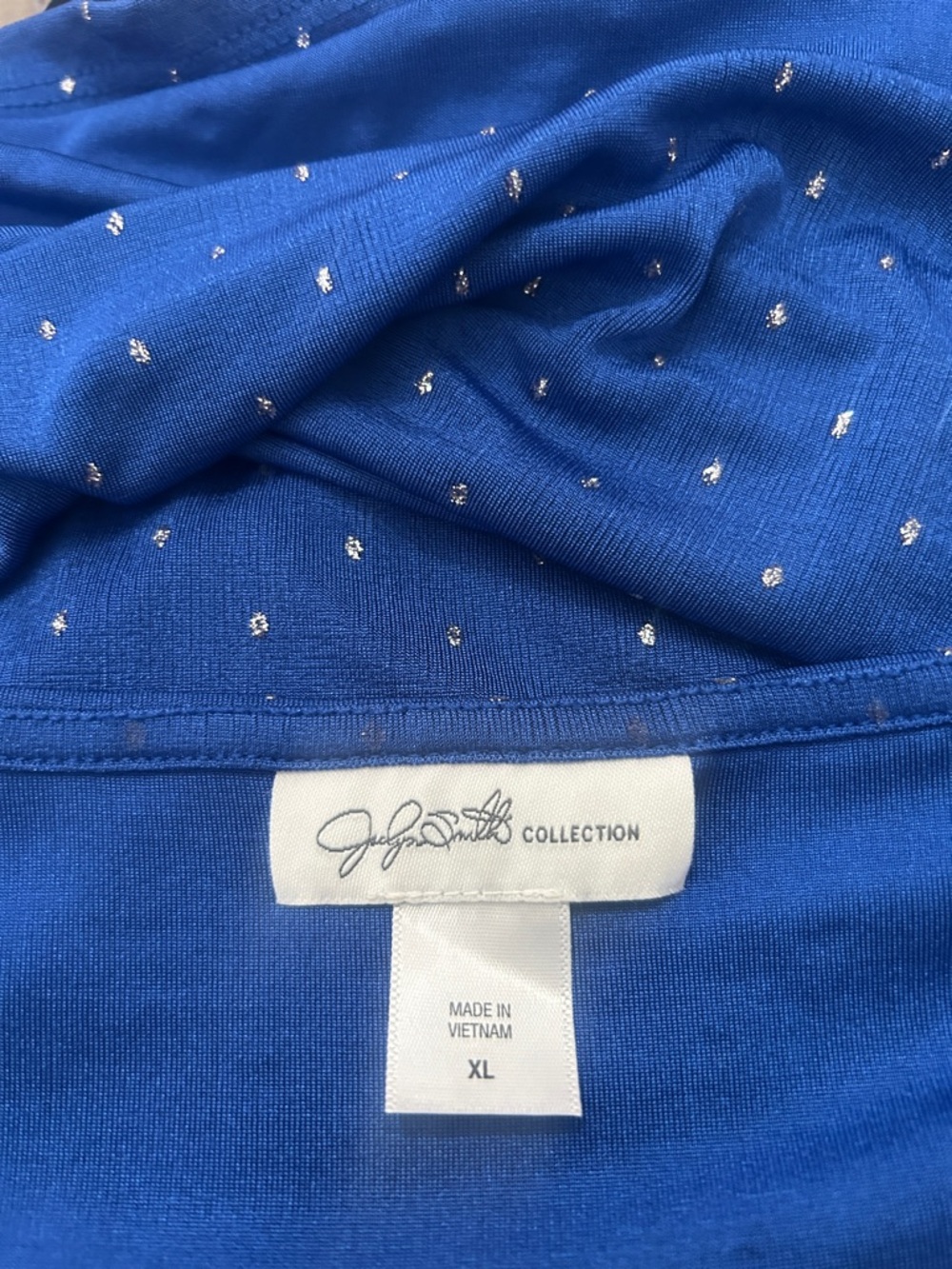 Jaclyn Smith Collection Draped Cowl Neck Blue Top with Glitter Polka Dots - Picture 4 of 4